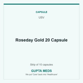 Roseday Gold 20 Capsule — USV, Strip of 10 capsules. Available at Gupta Meds pharmacy, Cuttack.
