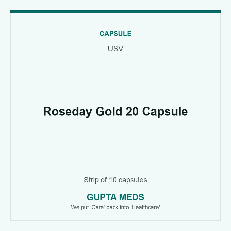 Roseday Gold 20 Capsule — USV, Strip of 10 capsules. Available at Gupta Meds pharmacy, Cuttack.