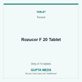 Rozucor F 20 Tablet — Torrent, Strip of 10 tablets. Available at Gupta Meds pharmacy, Cuttack.