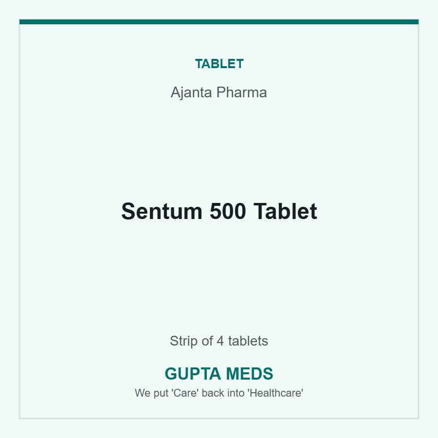Sentum 500 Tablet — Ajanta Pharma, Strip of 4 tablets. Available at Gupta Meds pharmacy, Cuttack.