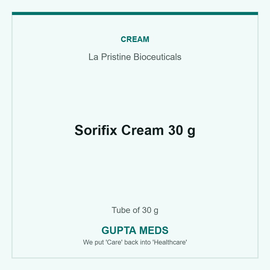 Sorifix Cream 30 g — La Pristine Bioceuticals, Tube of 30 g. Available at Gupta Meds pharmacy, Cuttack.