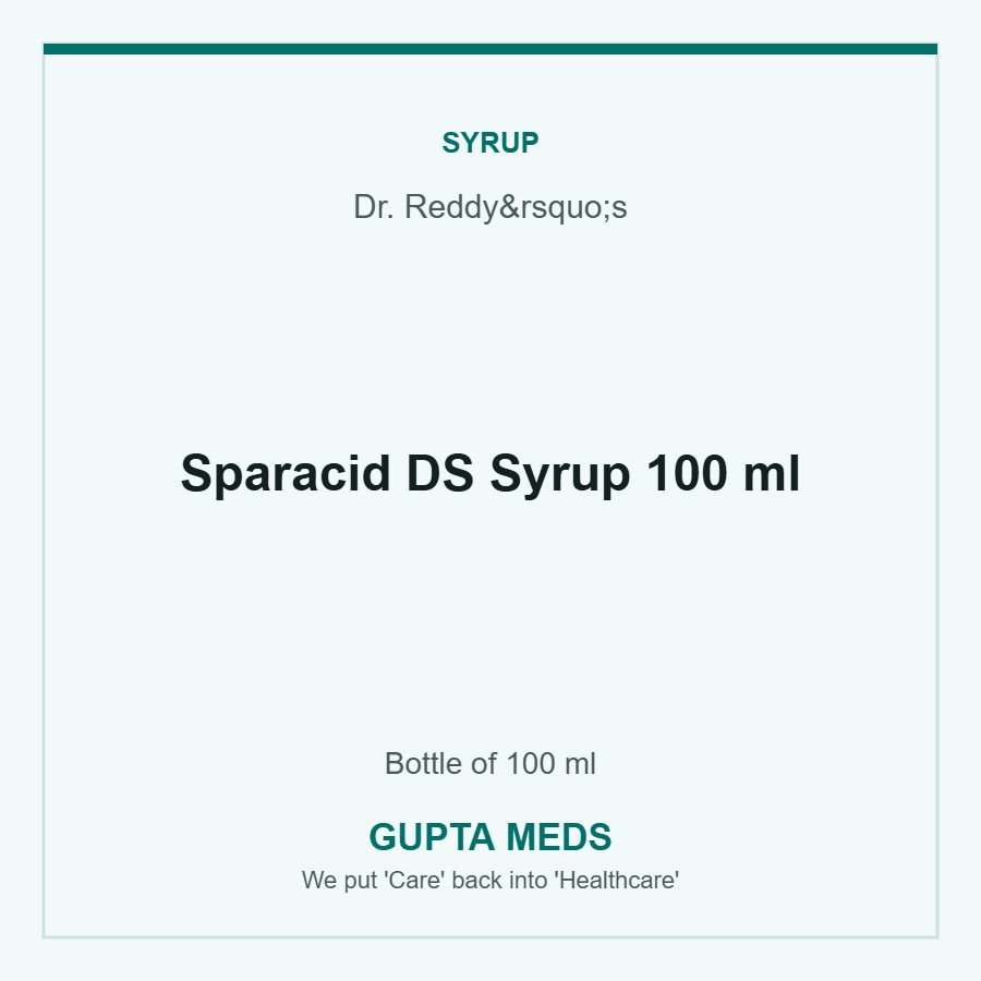 Sparacid DS Syrup 100 ml — Dr. Reddy’s, Bottle of 100 ml. Available at Gupta Meds pharmacy, Cuttack.