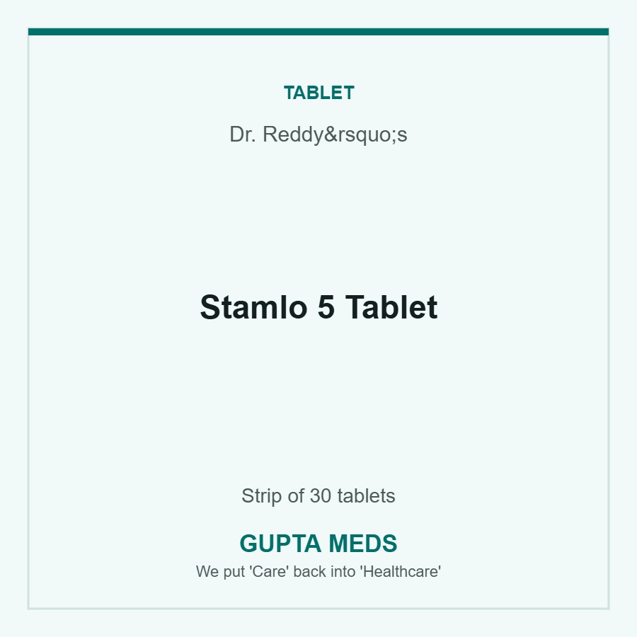 Stamlo 5 Tablet — Dr. Reddy’s, Strip of 30 tablets. Available at Gupta Meds pharmacy, Cuttack.