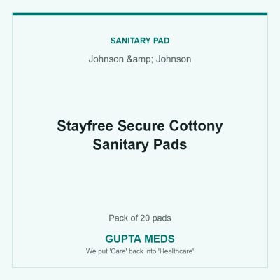 Stayfree Secure Cottony Sanitary Pads — Johnson & Johnson, Pack of 20 pads. Available at Gupta Meds pharmacy, Cuttack.