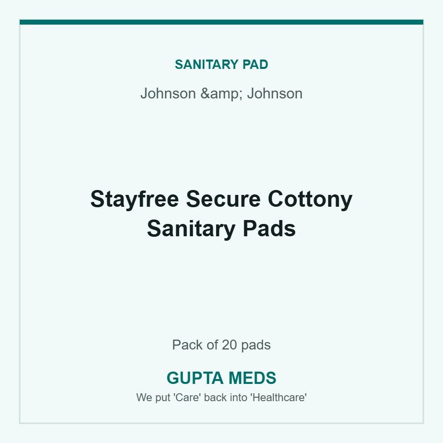 Stayfree Secure Cottony Sanitary Pads — Johnson & Johnson, Pack of 20 pads. Available at Gupta Meds pharmacy, Cuttack.