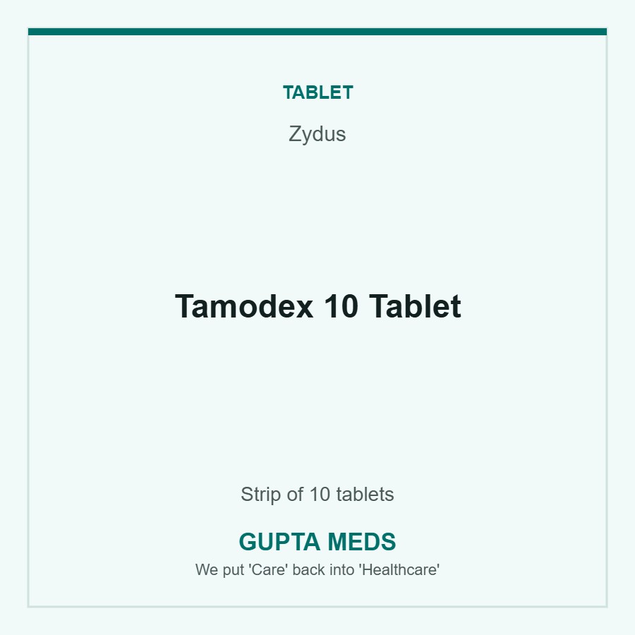 Tamodex 10 Tablet — Zydus, Strip of 10 tablets. Available at Gupta Meds pharmacy, Cuttack.