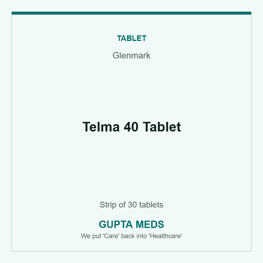 Telma 40 Tablet — Glenmark, Strip of 30 tablets. Available at Gupta Meds pharmacy, Cuttack.