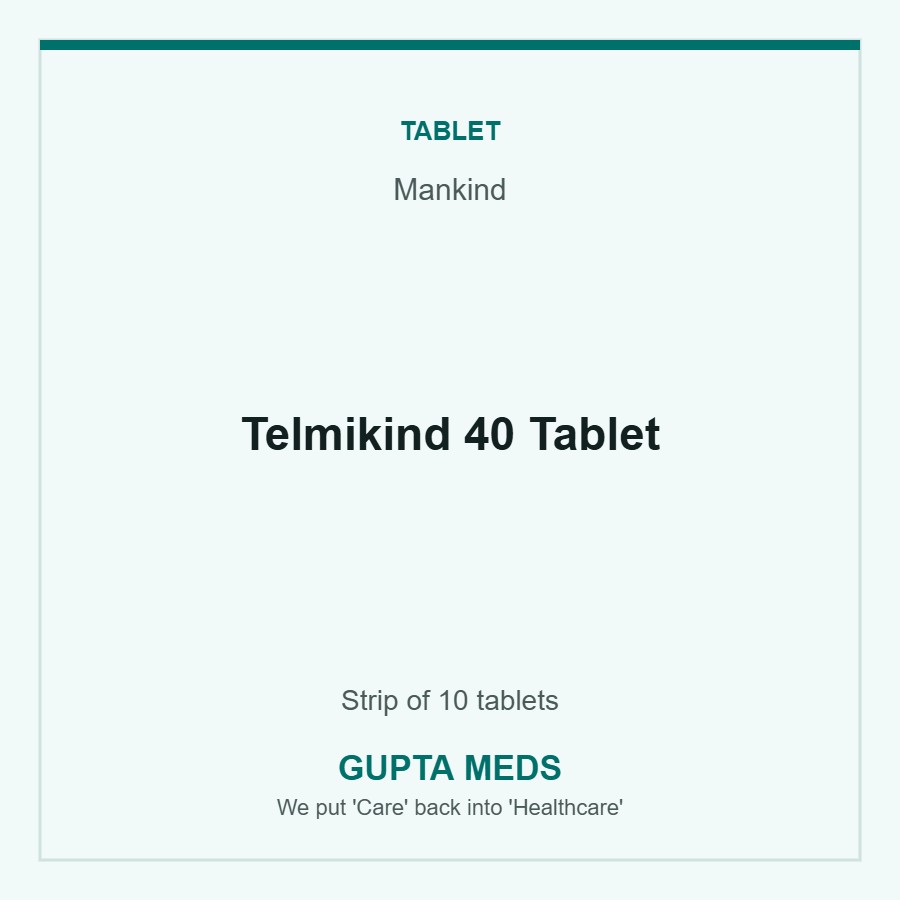 Telmikind 40 Tablet — Mankind, Strip of 10 tablets. Available at Gupta Meds pharmacy, Cuttack.