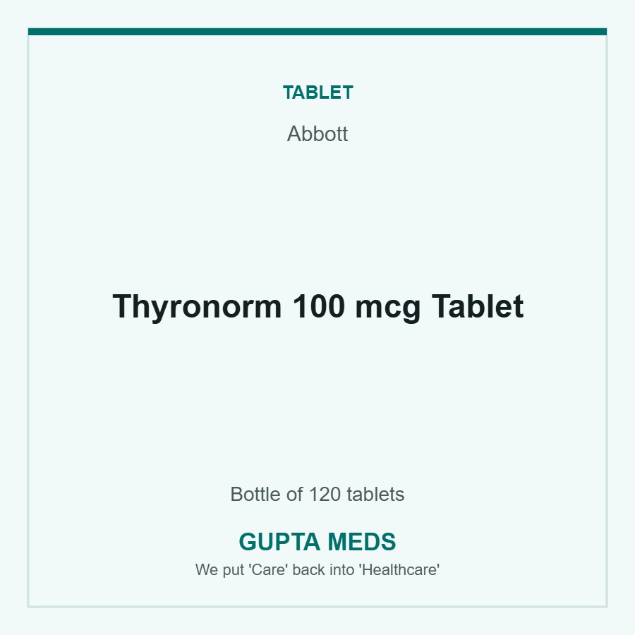 Thyronorm 100 mcg Tablet — Abbott, Bottle of 120 tablets. Available at Gupta Meds pharmacy, Cuttack.