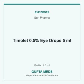 Timolet 0.5% Eye Drops 5 ml — Sun Pharma, Bottle of 5 ml. Available at Gupta Meds pharmacy, Cuttack.