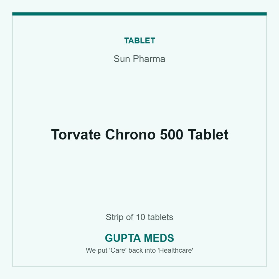 Torvate Chrono 500 Tablet — Sun Pharma, Strip of 10 tablets. Available at Gupta Meds pharmacy, Cuttack.