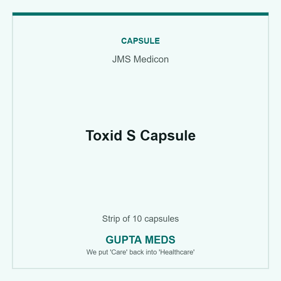 Toxid S Capsule — JMS Medicon, Strip of 10 capsules. Available at Gupta Meds pharmacy, Cuttack.
