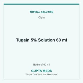 Tugain 5% Solution 60 ml — Cipla, Bottle of 60 ml. Available at Gupta Meds pharmacy, Cuttack.