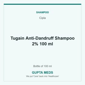 Tugain Anti-Dandruff Shampoo 2% 100 ml — Cipla, Bottle of 100 ml. Available at Gupta Meds pharmacy, Cuttack.