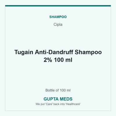 Tugain Anti-Dandruff Shampoo 2% 100 ml — Cipla, Bottle of 100 ml. Available at Gupta Meds pharmacy, Cuttack.