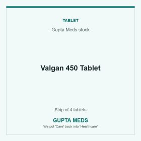 Valgan 450 Tablet — Gupta Meds stock, Strip of 4 tablets. Available at Gupta Meds pharmacy, Cuttack.