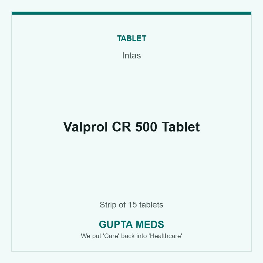 Valprol CR 500 Tablet — Intas, Strip of 15 tablets. Available at Gupta Meds pharmacy, Cuttack.