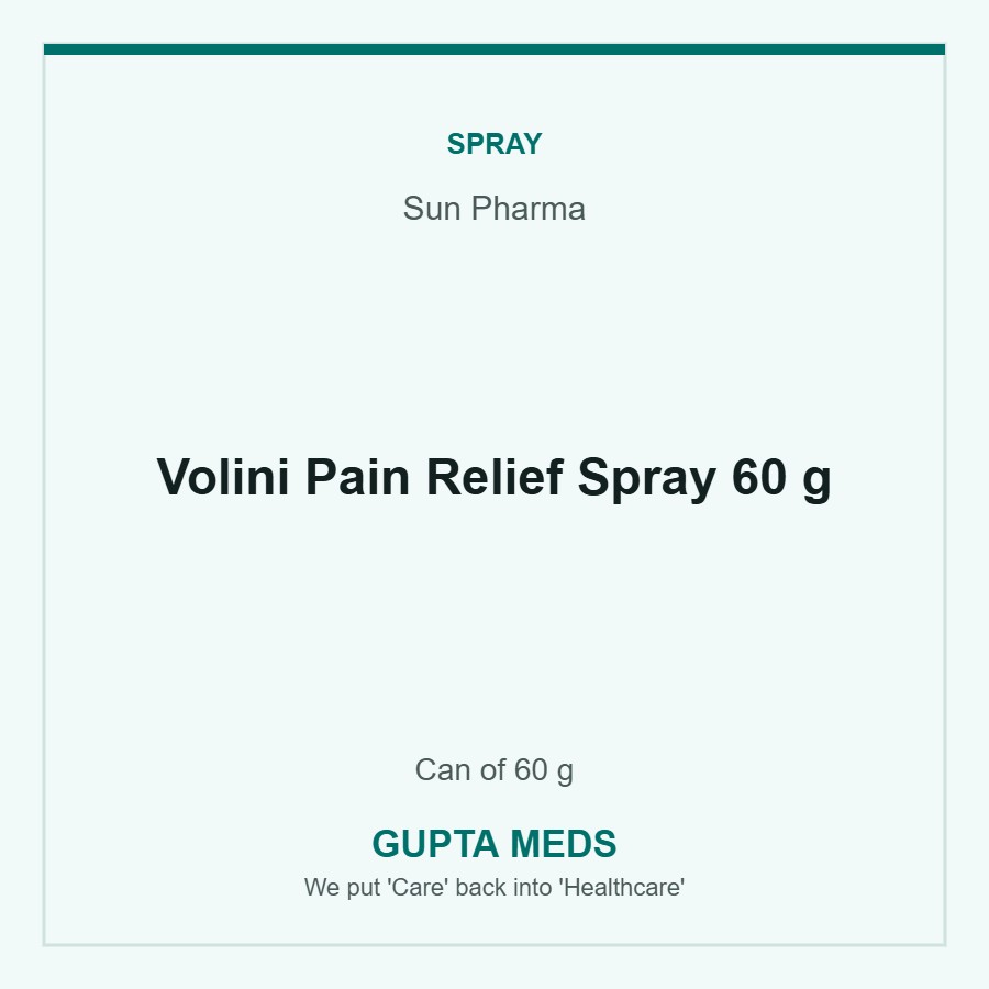 Volini Pain Relief Spray 60 g — Sun Pharma, Can of 60 g. Available at Gupta Meds pharmacy, Cuttack.