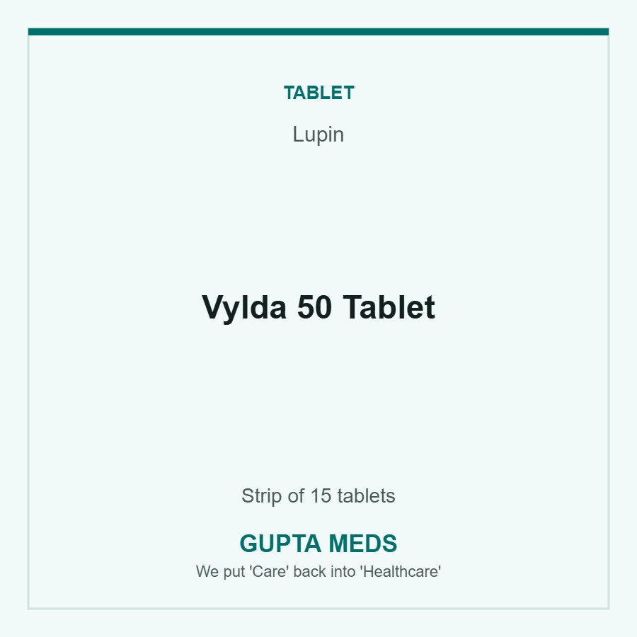 Vylda 50 Tablet — Lupin, Strip of 15 tablets. Available at Gupta Meds pharmacy, Cuttack.