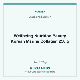Wellbeing Nutrition Beauty Korean Marine Collagen 250 g — Wellbeing Nutrition, Jar of 250 g. Available at Gupta Meds pharmacy, Cuttack.