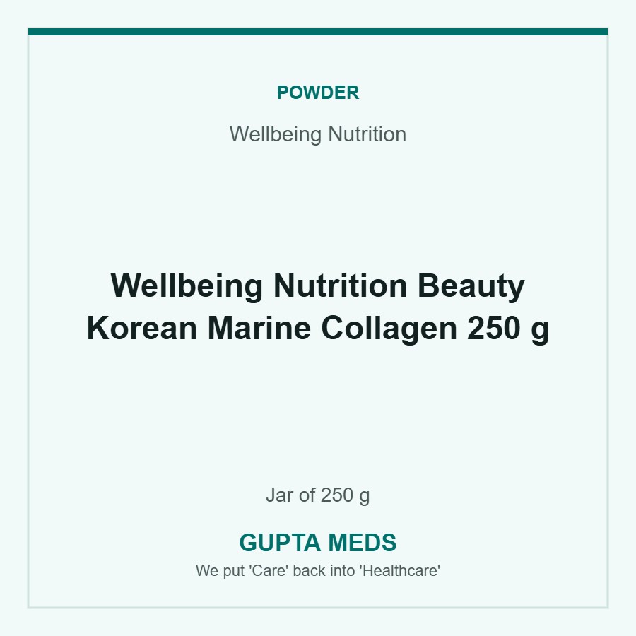 Wellbeing Nutrition Beauty Korean Marine Collagen 250 g — Wellbeing Nutrition, Jar of 250 g. Available at Gupta Meds pharmacy, Cuttack.
