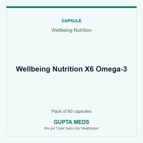 Wellbeing Nutrition X6 Omega-3 — Wellbeing Nutrition, Pack of 60 capsules. Available at Gupta Meds pharmacy, Cuttack.