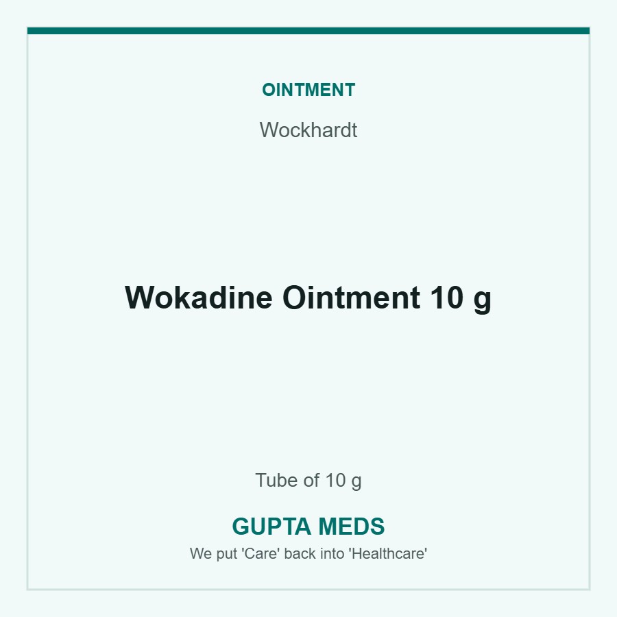 Wokadine Ointment 10 g — Wockhardt, Tube of 10 g. Available at Gupta Meds pharmacy, Cuttack.