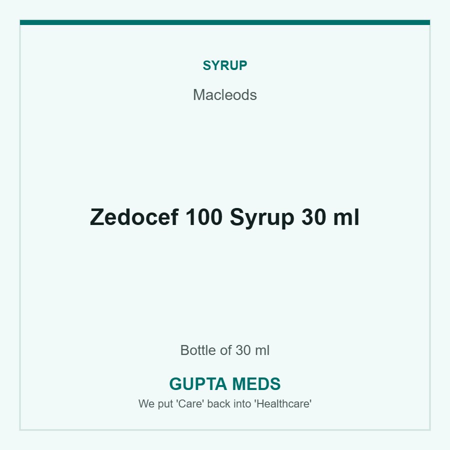 Zedocef 100 Syrup 30 ml — Macleods, Bottle of 30 ml. Available at Gupta Meds pharmacy, Cuttack.