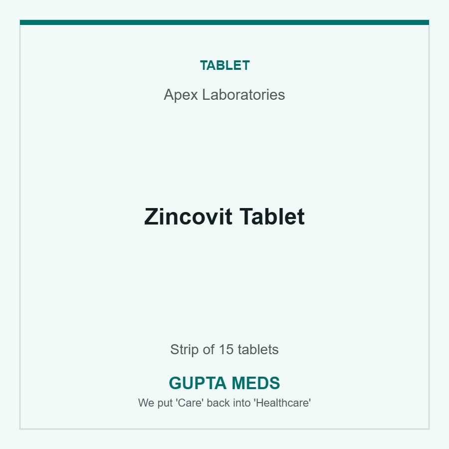 Zincovit Tablet — Apex Laboratories, Strip of 15 tablets. Available at Gupta Meds pharmacy, Cuttack.